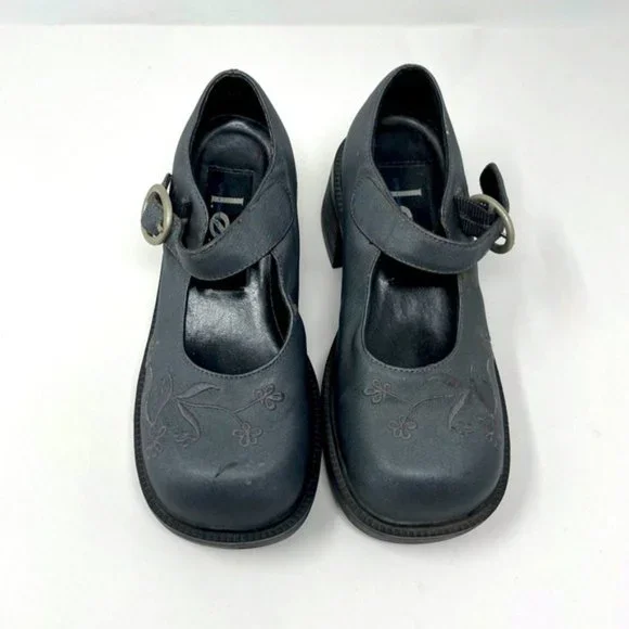 LEI Y2K vintage girls Chunky Mary Janes EMILIM gray floral embroidered US 1 BoxK - Picture 2 of 8